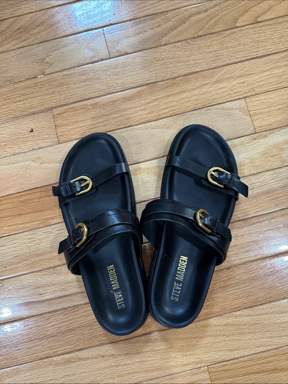 🎆Steve Madden Black Double-Strap Slide Sandals with Gold Buckles